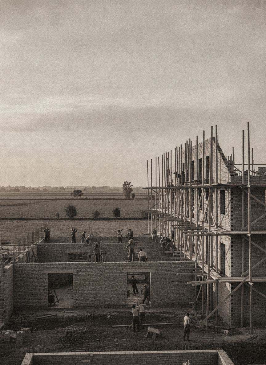 Palazzina in costruzione negli anni Sessanta vista dai ponteggi, campi coltivati intorno