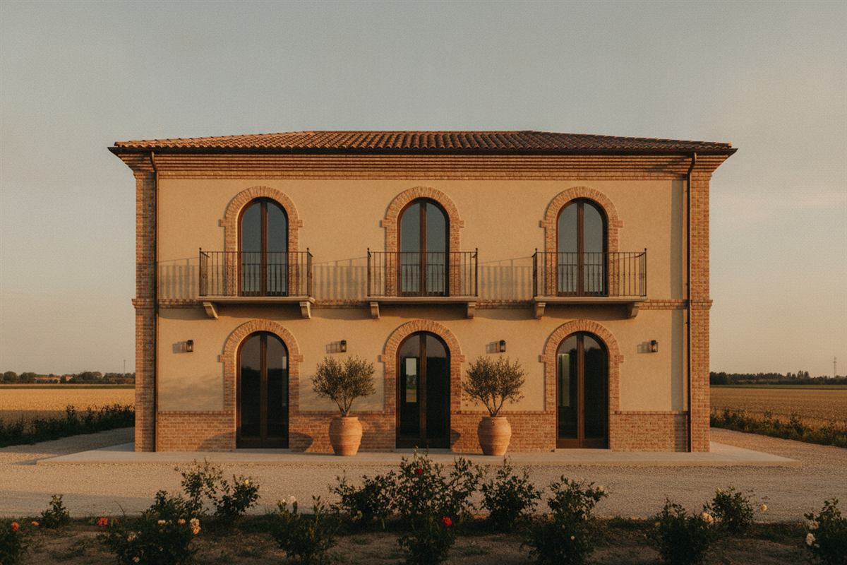 Casa di pianura restaurata vista dalla strada, alberi e campi intorno