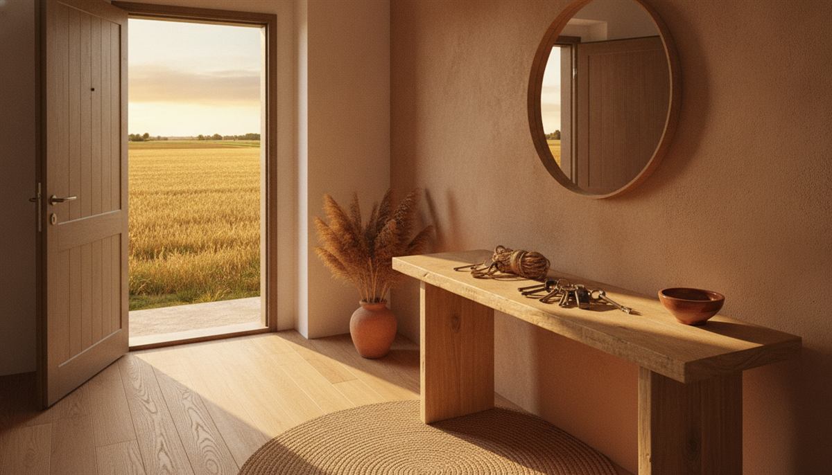 Ingresso di casa con consolle in legno, specchio rotondo e porta aperta sul verde