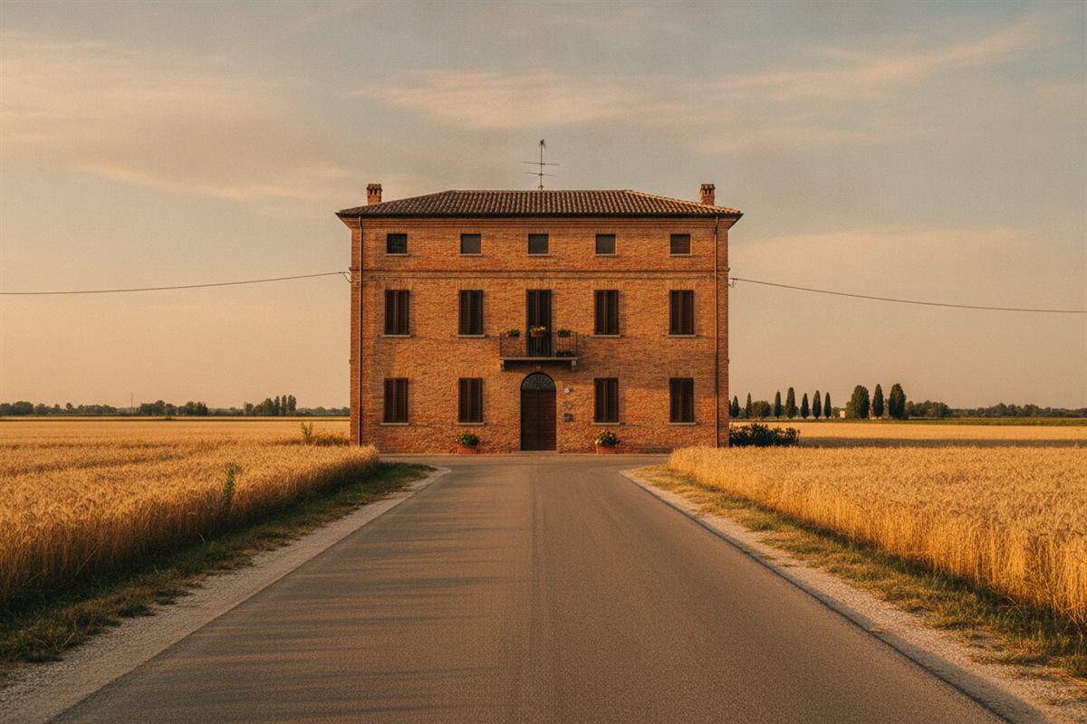 Casa padronale in mattoni isolata in fondo a una strada bianca fra i campi di grano