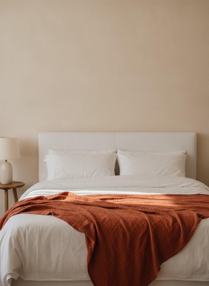 Camera con pareti chiare, letto rifatto e coperta color terracotta, finestra aperta sulla campagna