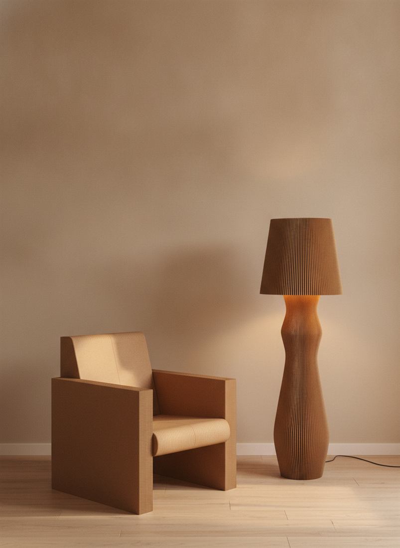 Poltrona e lampada da terra di cartone in scala 1:1 in una stanza vuota con parquet chiaro