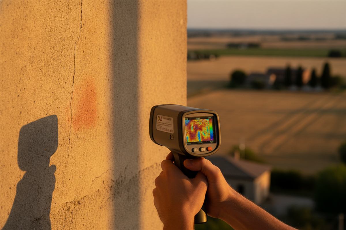 Un tecnico verifica una parete con la termocamera durante un sopralluogo